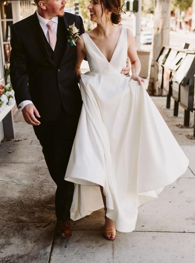 simple modern wedding dress a line v neck satin bridal gown