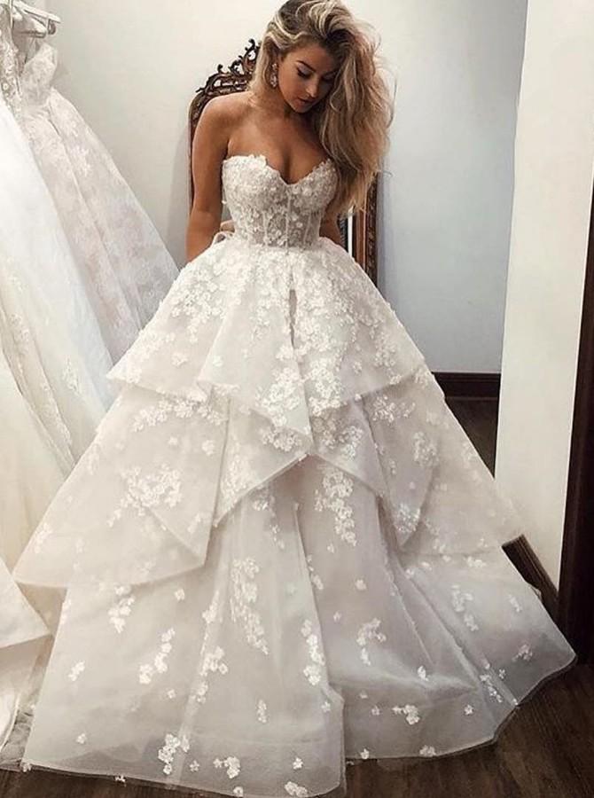 Princess Sweetheart Layered Long Wedding Dress with Appliques PW180