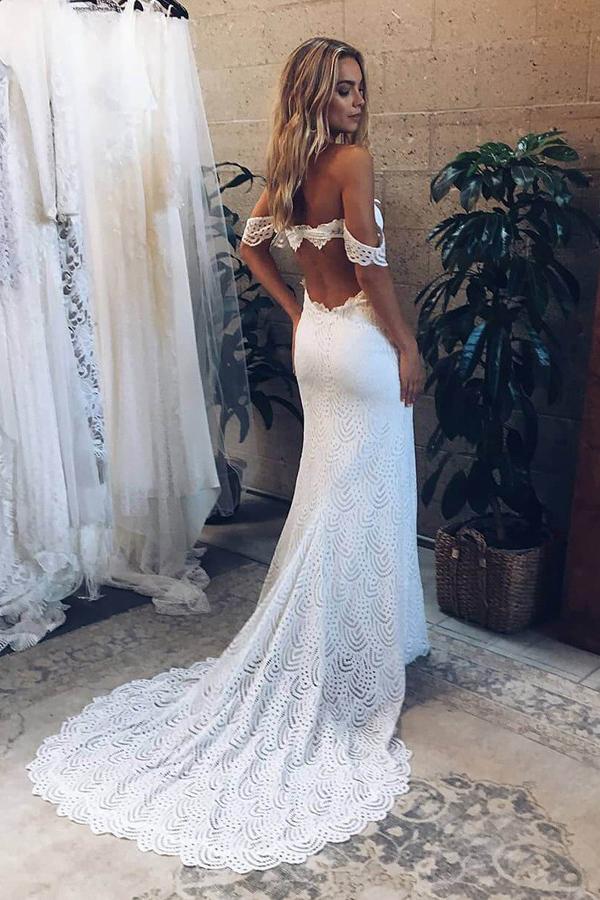 mermaid off the shoulder backless lace wedding dress with split