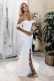 Mermaid Off-the-Shoulder Backless Lace Wedding Dress with Split PW175
