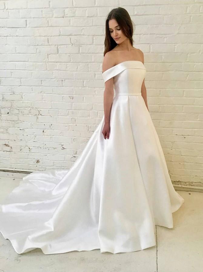 Off-the-Shoulder Satin Wedding Dress, Simple A-Line Wedding Dress PW173