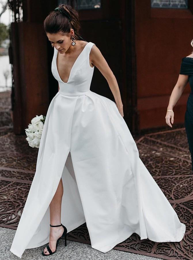 elegant a line v neck satin simple wedding dress with split