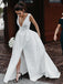 elegant a line v neck satin simple wedding dress with split