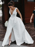 Elegant A-Line V-Neck Satin Simple Wedding Dress with Split PW174