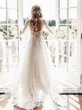 A-Line Sheer Bateau Backless Wedding Dresses With Appliques Long Sleeves PW139