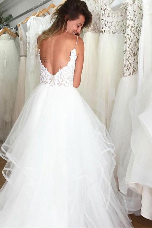 Princess V-neck Spaghetti Wedding Dress with Appliques Beading PW136