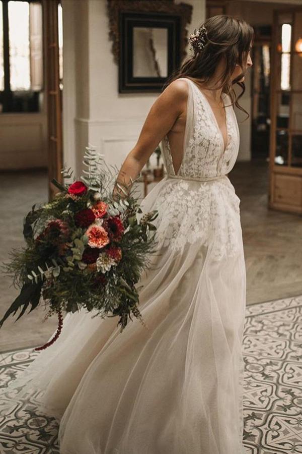 a line v neck tulle long wedding dress with lace appliques
