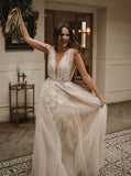 A-Line V-Neck Tulle Long Wedding Dress with Lace Appliques PW169
