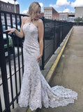 Halter Lace Mermaid Wedding Dresses with Beading, Lace Bridal Gown PW44