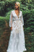 V-Neck Waist Beaded Appliques Boho Wedding Dress with Long Sleeves PW72