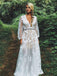 V-Neck Waist Beaded Appliques Boho Wedding Dress with Long Sleeves PW72