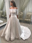 Off-Shoulder 1/2 Sleeves Satin Lace A-Line Wedding Dress With Pockets PW59