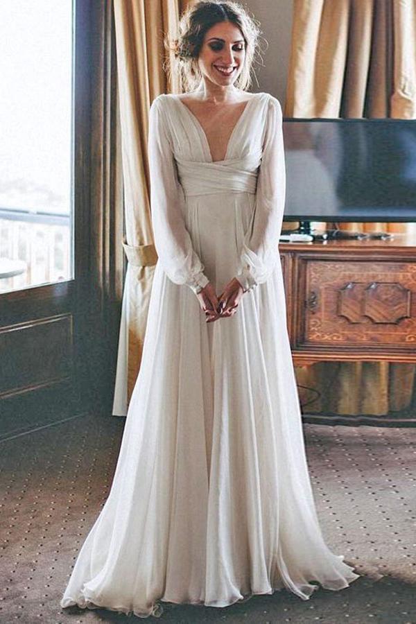 Elegant V-Neck Chiffon Beach Wedding Dresses With Long Sleeves PW61