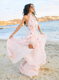 Pink Halter Appliques Beach Wedding Dress Backless Wedding Gown PW64
