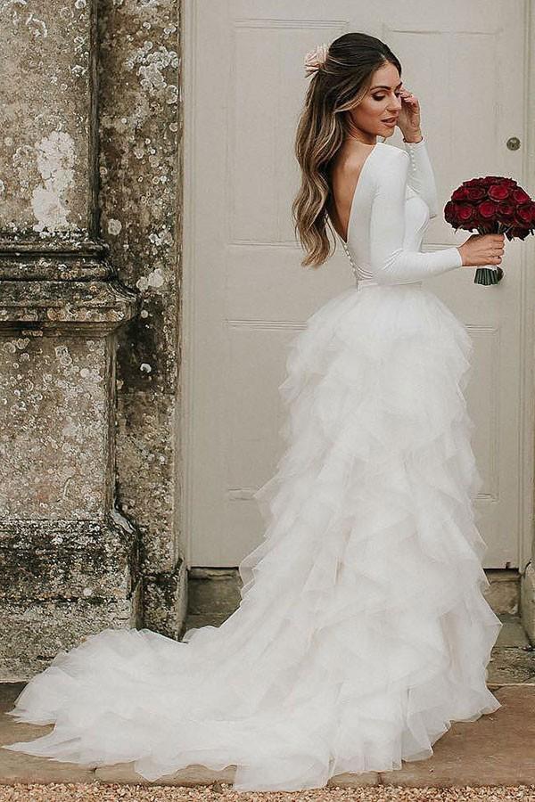 Princess Bateau Long Sleeves Tulle Wedding Dresses With Ruffles PW70