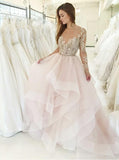 Princess Pink Bateau Long Sleeves Wedding Dresses with Appliques PW69