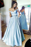 a line off the shoulder waist beaded satin long prom dresses