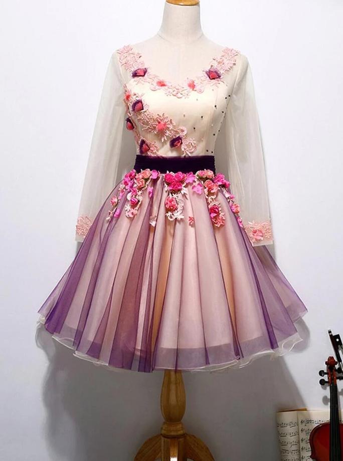 Chic 3D Floral Homecoming Dress Long Sleeve Tulle Short Prom Dress PM02