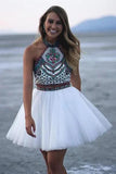 A-line Halter White Tulle Two Piece Homecoming Dress With Embroidery GM04