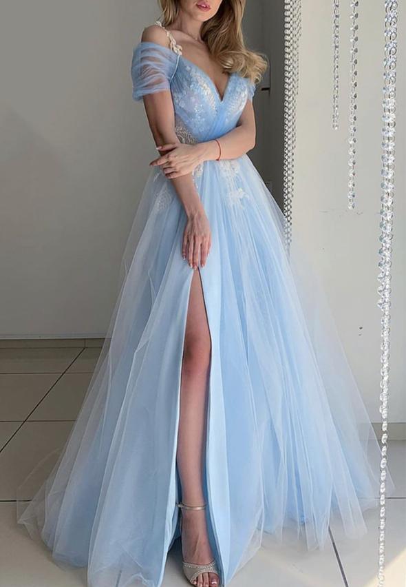 princess blue tulle lace prom dress with slit off the shoulder evening gown