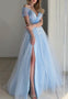 Princess Blue Tulle Lace Prom Dress With Slit, Off The Shoulder Evening Gown GP318