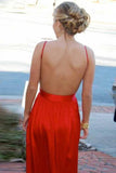 Simple Red Prom Dresses A-Line Spaghetti Straps Backless Evening Gown MP302