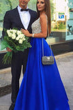 royal blue a line deep v neck beading long prom dresses with pockets