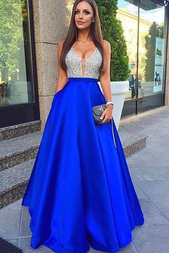 Royal Blue A-Line Deep V-Neck Beading Long Prom Dresses With Pockets MP301