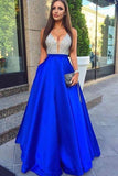 royal blue a line deep v neck beading long prom dresses with pockets