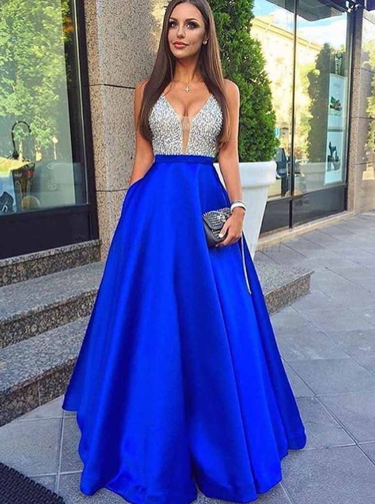Royal Blue A-Line Deep V-Neck Beading Long Prom Dresses With Pockets MP301