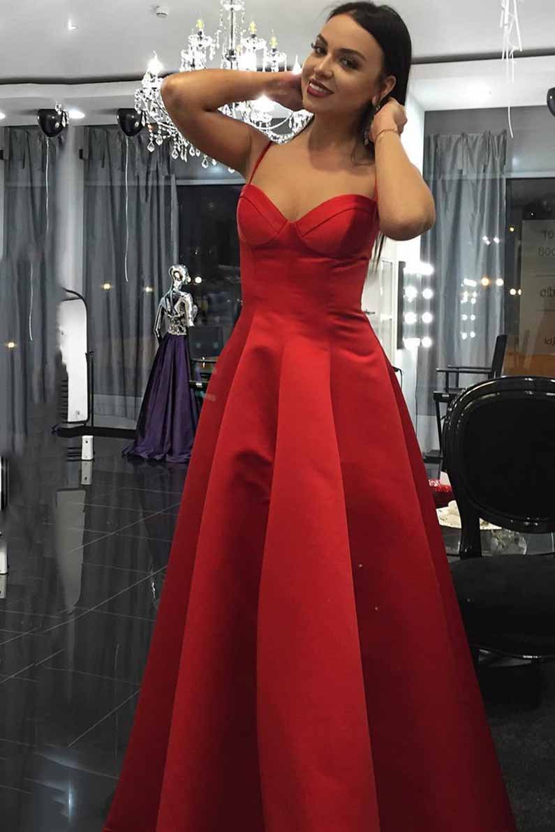 A-Line Spaghetti Sweetheart Red Satin Long Prom Dresses with Ruched MP300