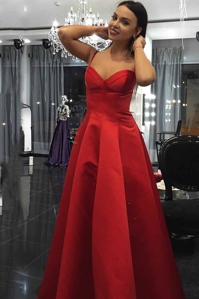 a line spaghetti sweetheart red satin long prom dresses with ruched