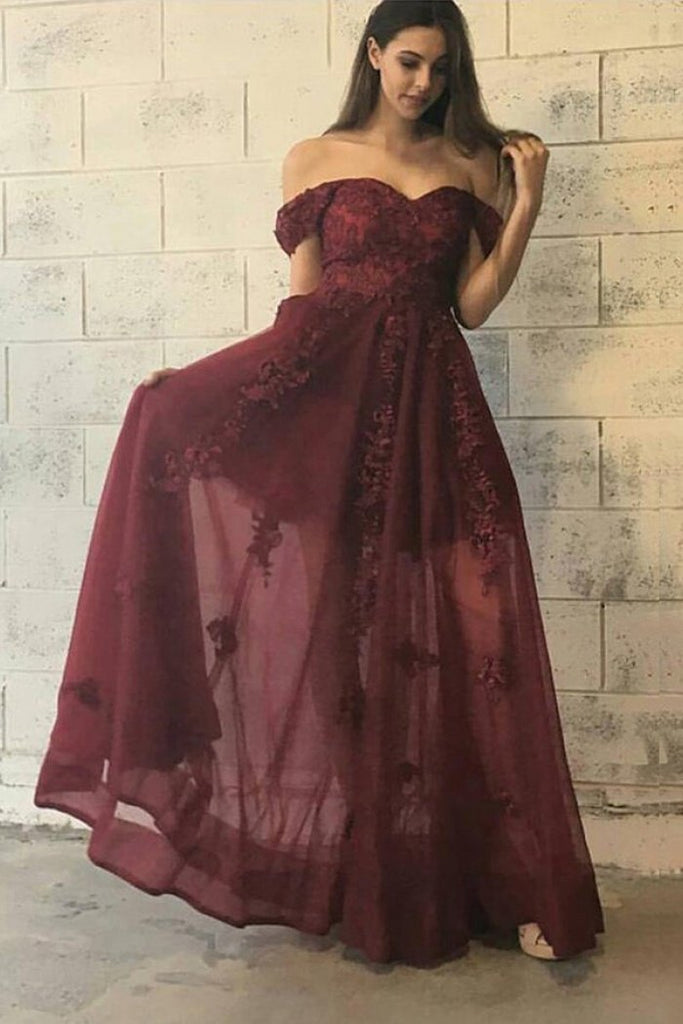 a line off the shoulder tulle prom dresses with appliques
