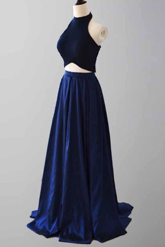 elegant a line two piece halter royal blue satin prom dresses