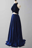 Elegant A-line Two Piece Halter Royal Blue Satin Prom Dresses MP299