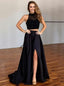 Two Piece Round Neck Satin Beaded Lace Black Prom Dresses With Slit MP298