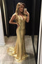 Sparkly Sequins Spaghetti Straps Backless Gold Mermaid Prom Dress MP290