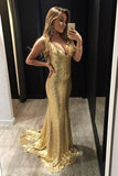 sparkly sequins spaghetti straps backless gold mermaid prom dress