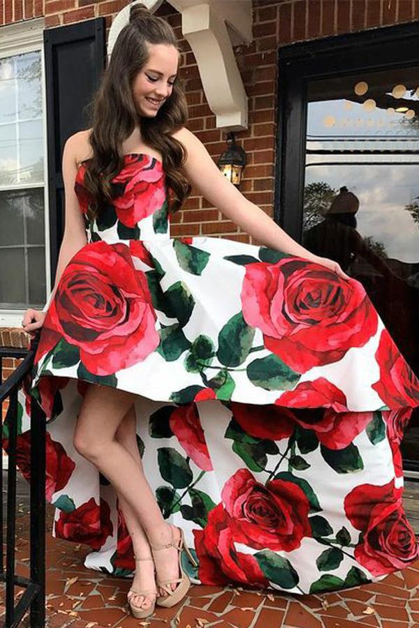 sweetheart high low red rose floral print strapless prom dress