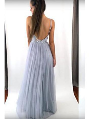 sequin appliques backless prom dress spaghetti straps tulle long evening dress