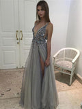 plunging neckline long prom dress sequins slit backless evening dress