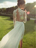 gorgeous lace long sleeve high neck chiffon wedding dress with side slit