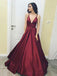 a line deep v neck satin burgundy long prom dress with pockets