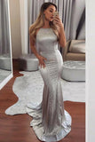 Silver Backless Formal Prom Dresses, Sequins Mermaid Halter Evening Dress MP284