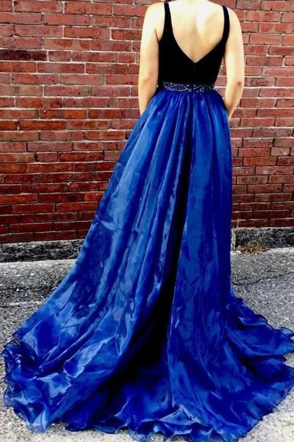 a line v neck beading waist dark blue organza prom dress with slit