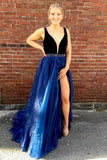 a line v neck beading waist dark blue organza prom dress with slit