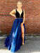 a line v neck beading waist dark blue organza prom dress with slit