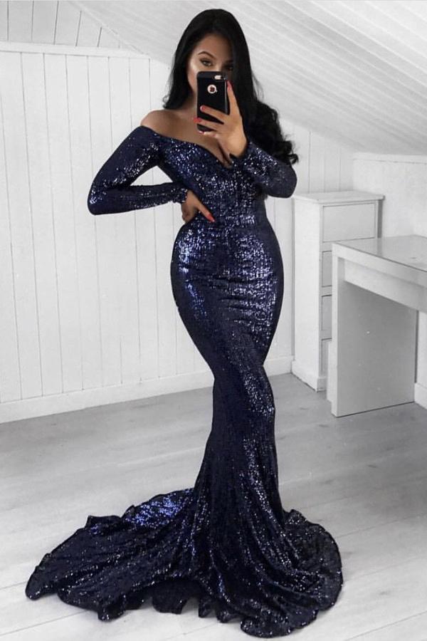 prom dress mermaid off the shoulder long sleeves sequined evening gown