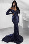 Prom Dress Mermaid Off-the-Shoulder Long Sleeves Sequined Evening Gown MP282