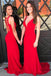 elastic satin sheath scoop red prom dress with beading back